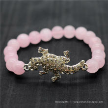 Rose Quartz 8MM Perles rondes Stretch Gemstone Bracelet avec diamant en alliage Lizard Piece